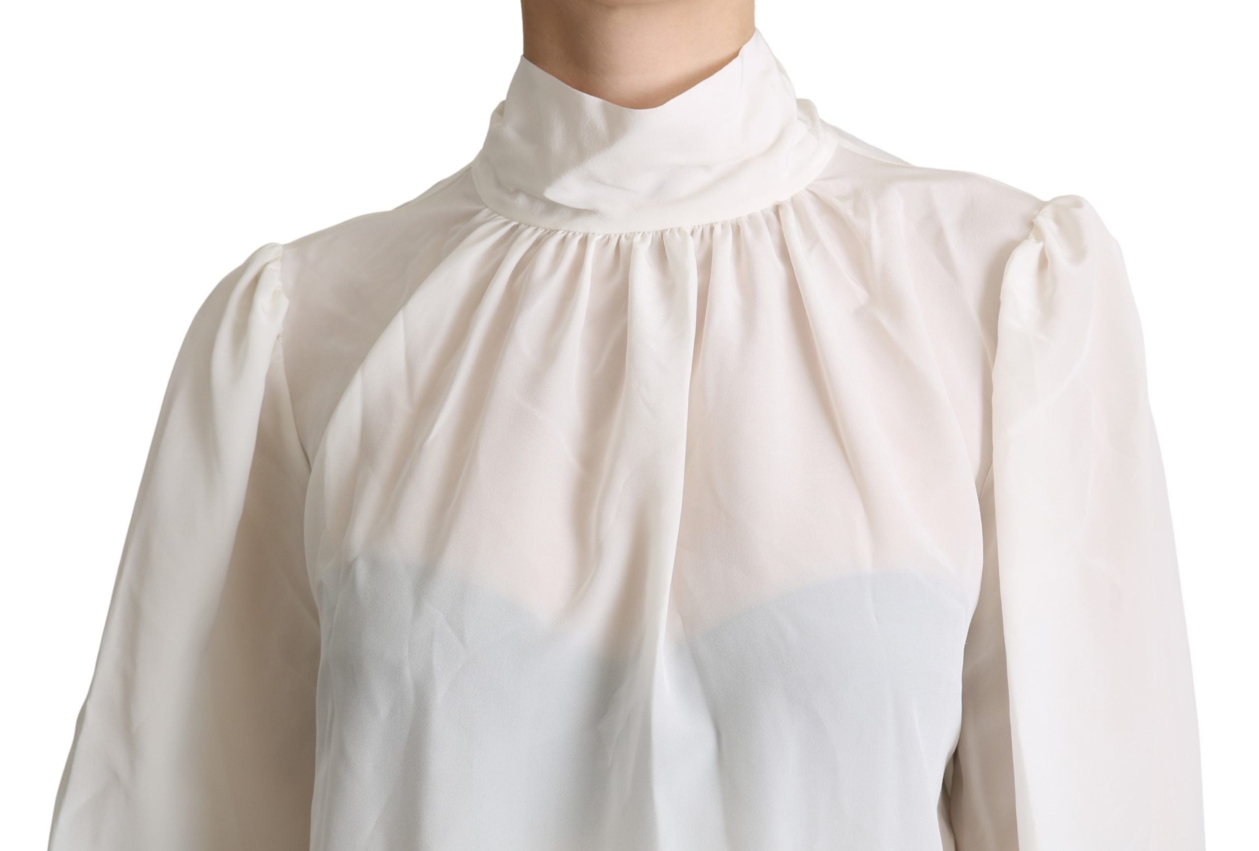 White silk long-sleeved blouse with pussy bow detail by Dolce & Gabbana, elegant and stylish for sophisticated looks.