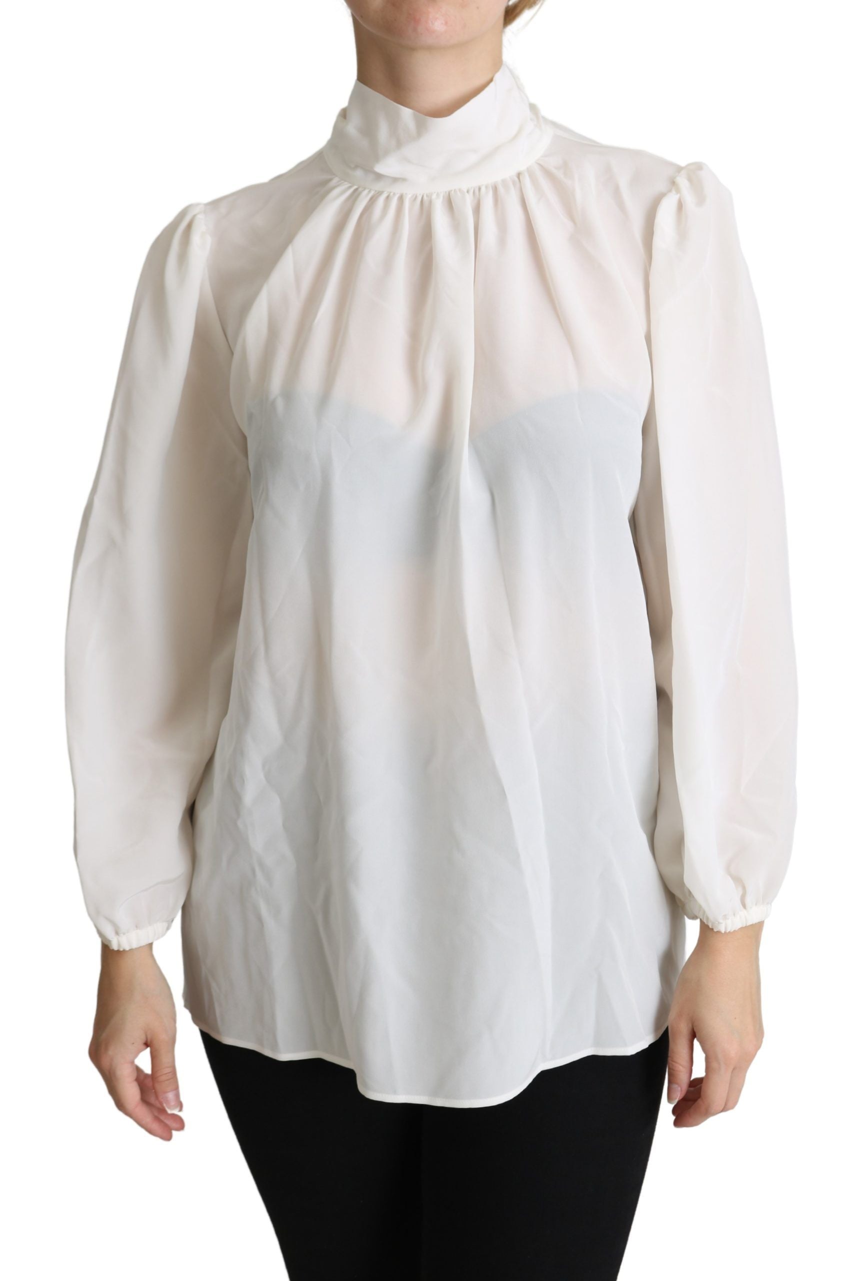White silk pussy bow long-sleeved blouse by Dolce & Gabbana, featuring a elegant bow detail and classic fit.