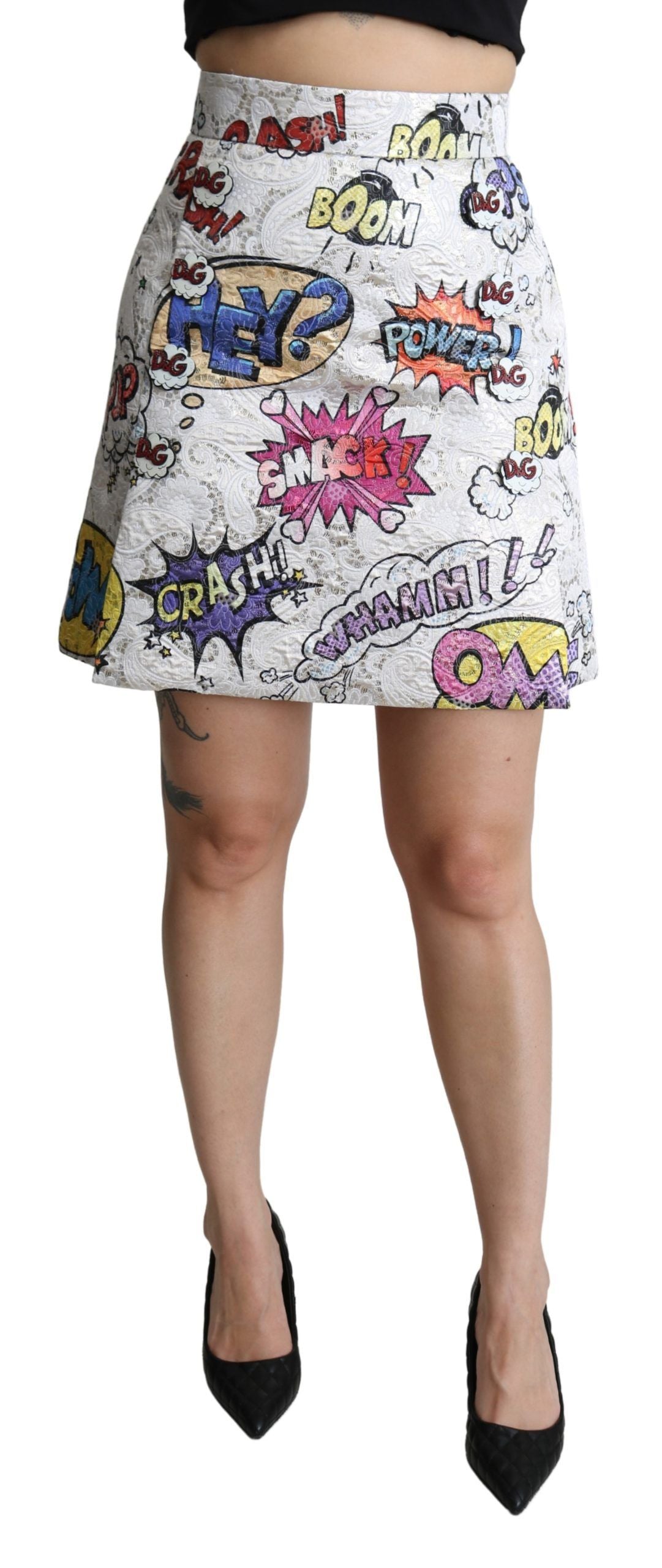 White cartoon brocade A-line high waist skirt by Dolce & Gabbana, featuring intricate fabric design and elegant high waist fit.
