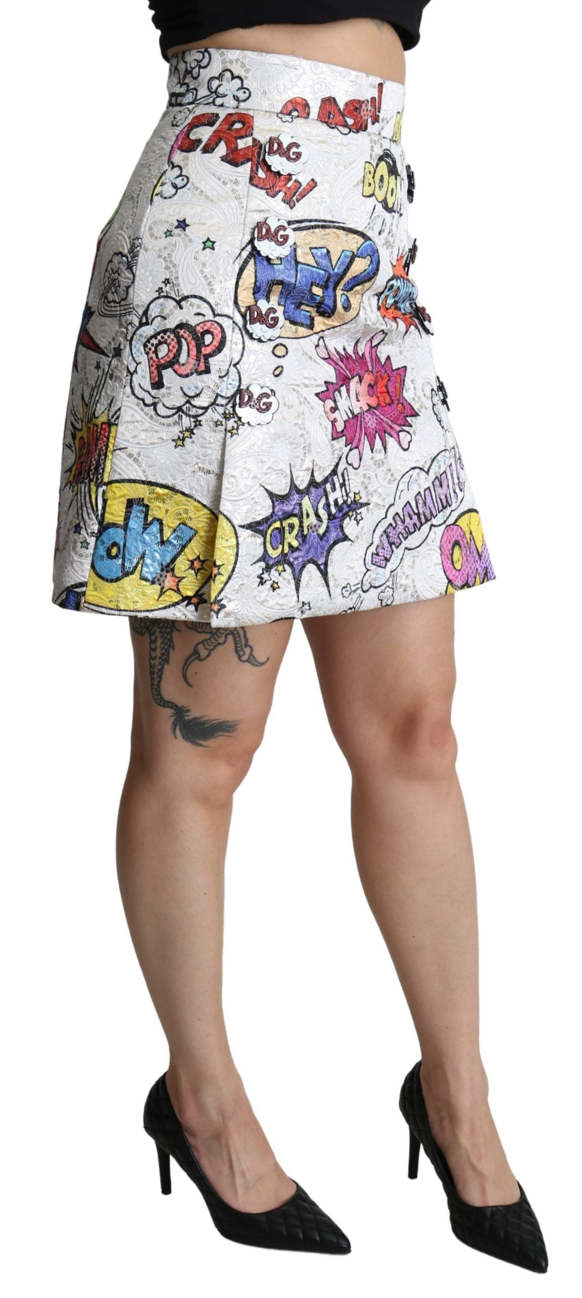 White cartoon brocade A-line high waist skirt by Dolce & Gabbana, featuring intricate floral patterns and elegant high-rise fit.