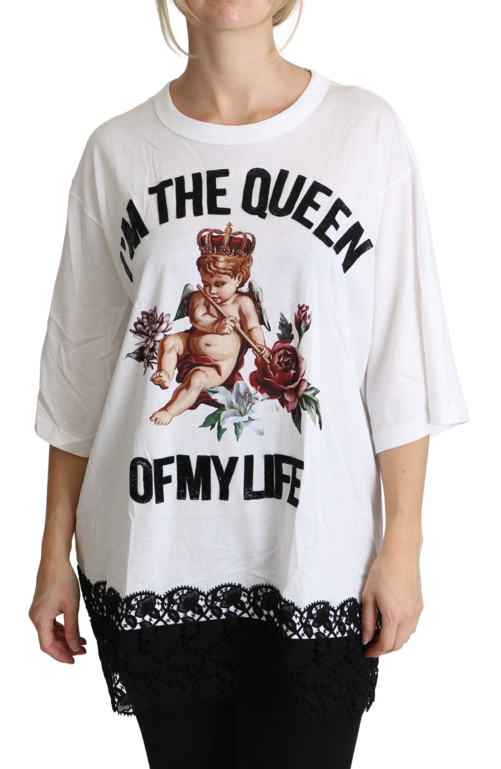 White cotton round neck shirt top with angel print from Dolce & Gabbana, displayed on a hanger.