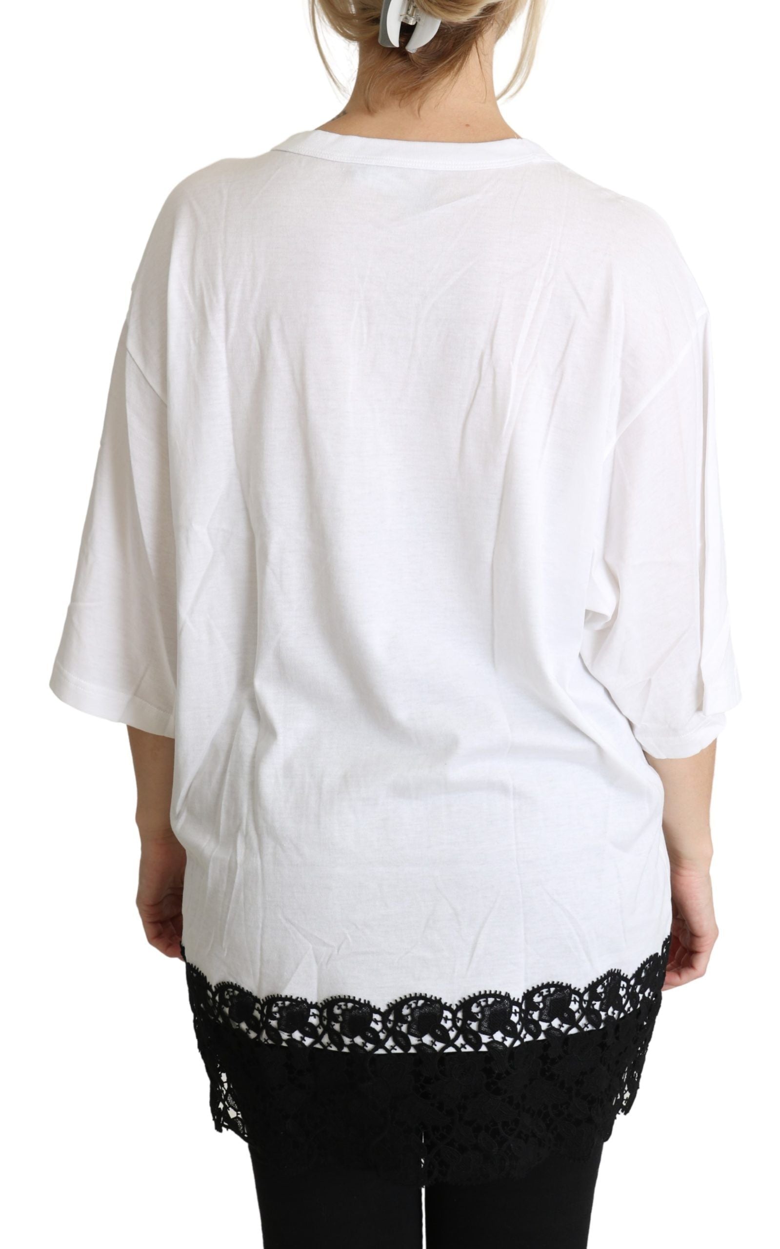 White cotton round neck shirt top with angel print by Dolce & Gabbana, featuring long sleeves and a relaxed fit.