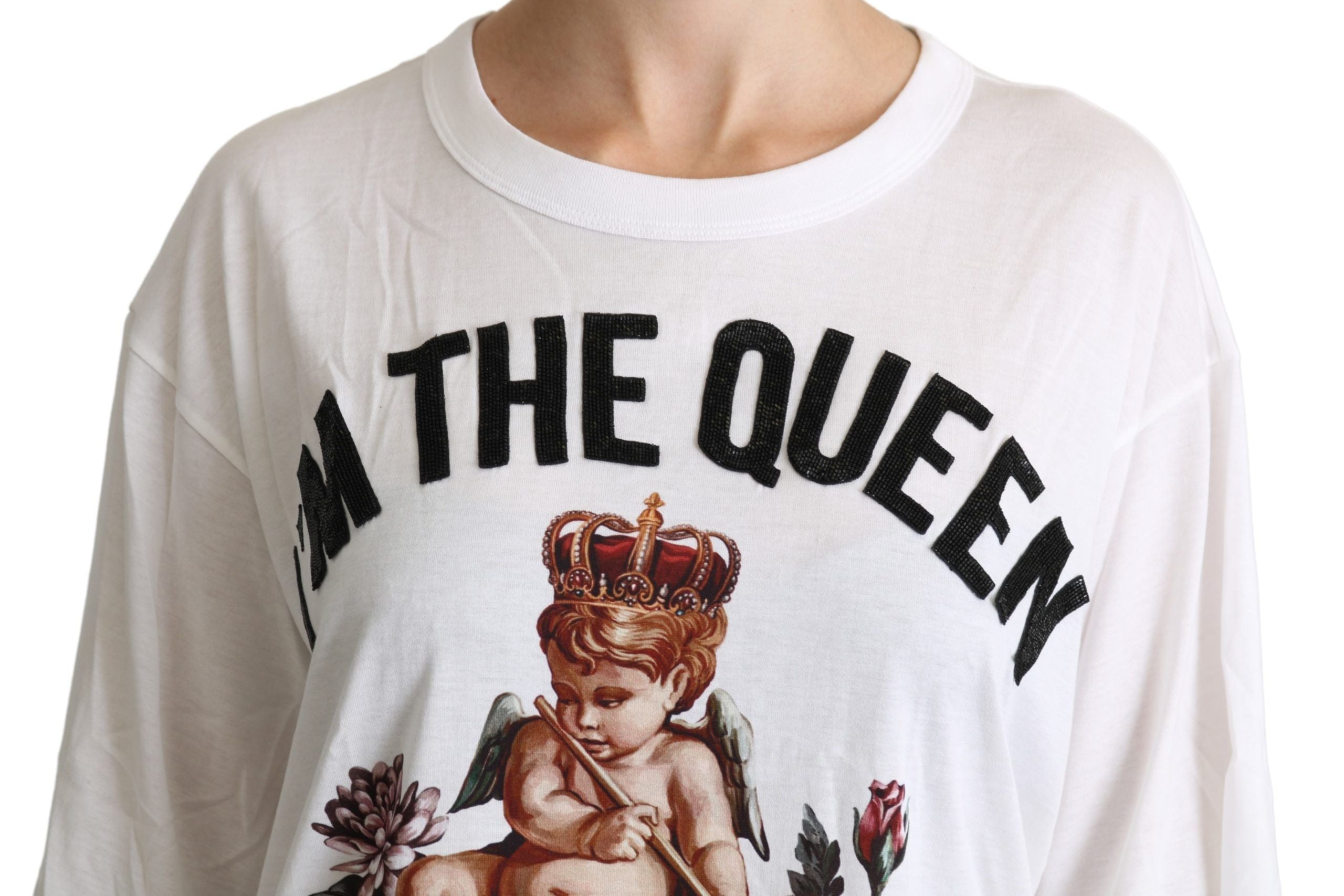 White cotton round neck shirt top with angel print from Dolce & Gabbana, showcasing the stylish design and fabric details.
