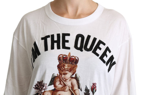 White cotton round neck shirt top with angel print from Dolce & Gabbana, showcasing the stylish design and fabric details.