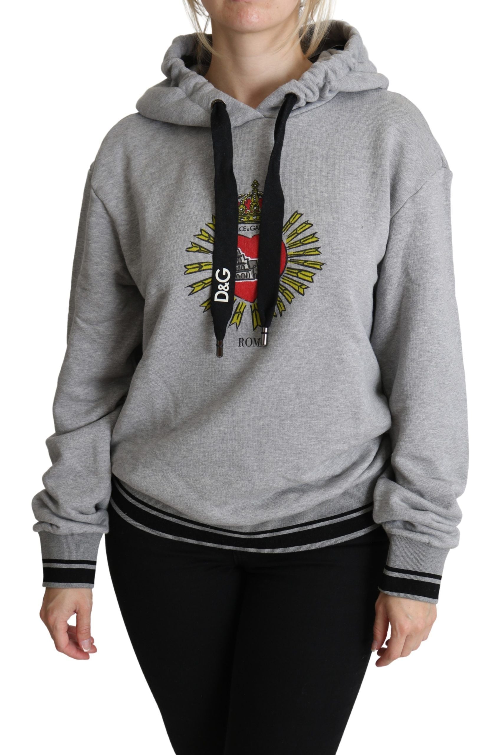 Gray Dolce & Gabbana printed hooded sweater with exclusive logo and casual fit, featuring a soft fabric and stylish design.