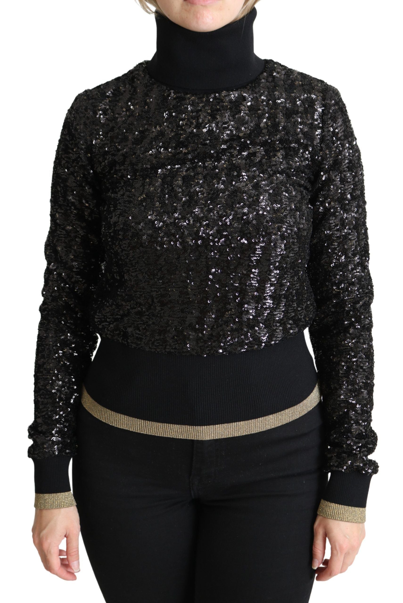 Black sequined knitted turtle neck sweater by Dolce & Gabbana, featuring shimmering sequins and cozy knit fabric.