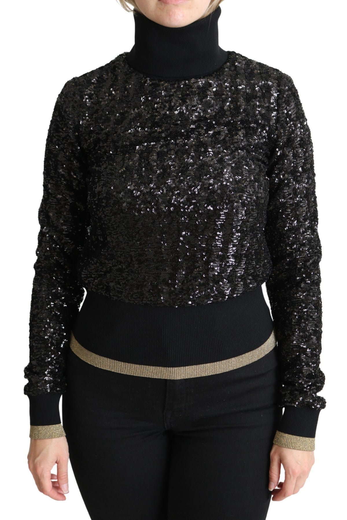 Black sequined knitted turtle neck sweater by Dolce & Gabbana, featuring shimmering sequins and cozy knit fabric.
