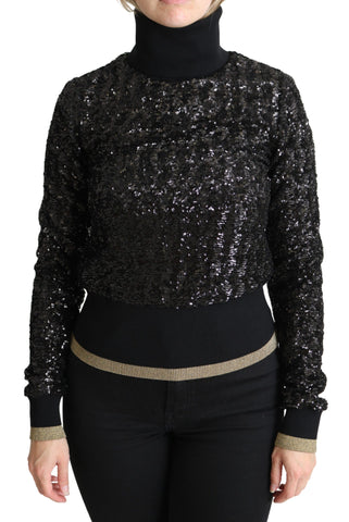 Black sequined knitted turtle neck sweater by Dolce & Gabbana, featuring shimmering sequins and cozy knit fabric.