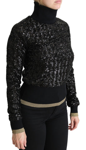 Black sequined knitted turtle neck sweater by Dolce & Gabbana with sparkling sequins and a cozy knit texture.