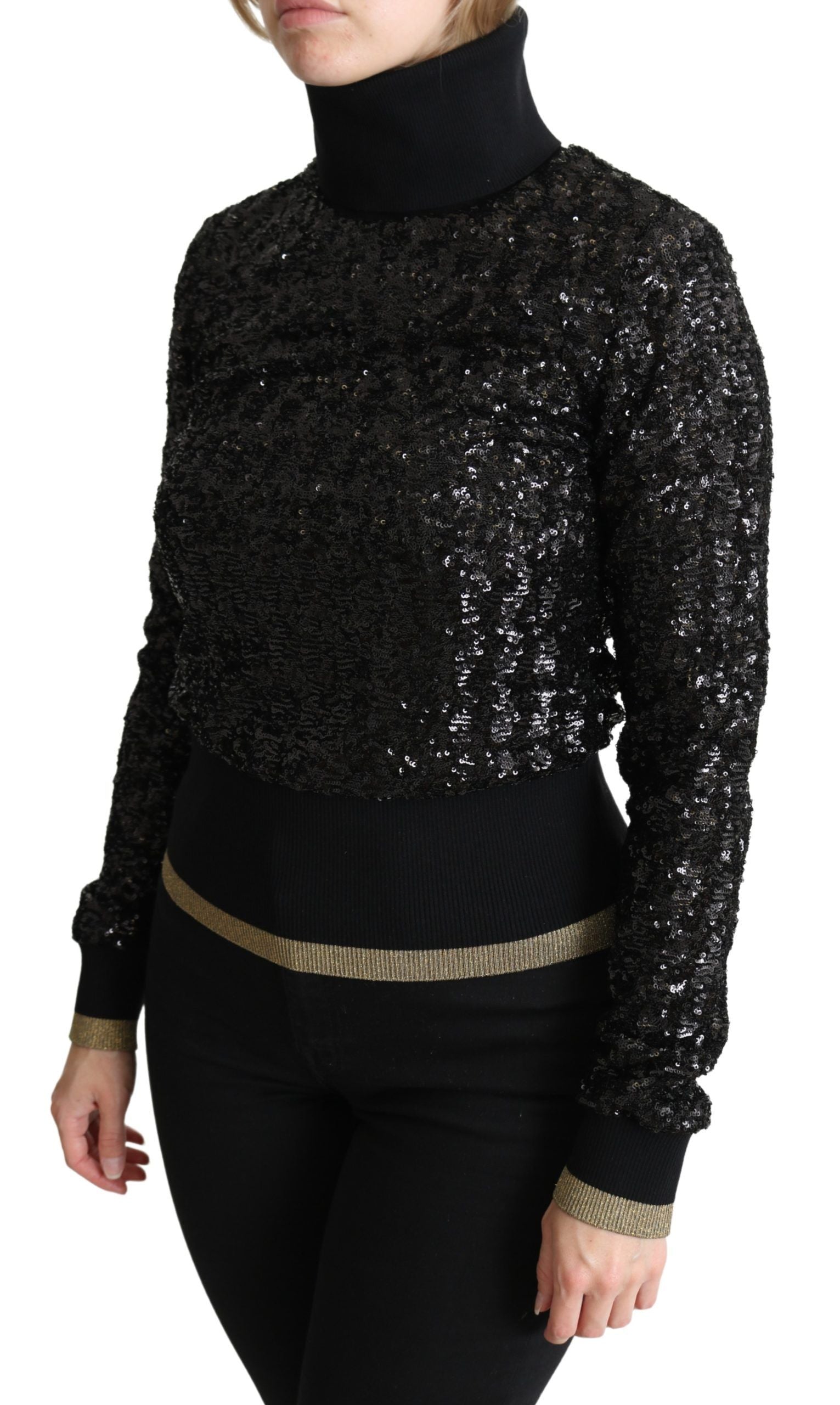 Black sequined knitted turtle neck sweater by Dolce & Gabbana, featuring shimmering sequins and cozy knit fabric.