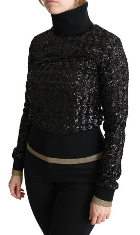 Black sequined knitted turtle neck sweater by Dolce & Gabbana, featuring shimmering sequins and cozy knit fabric.