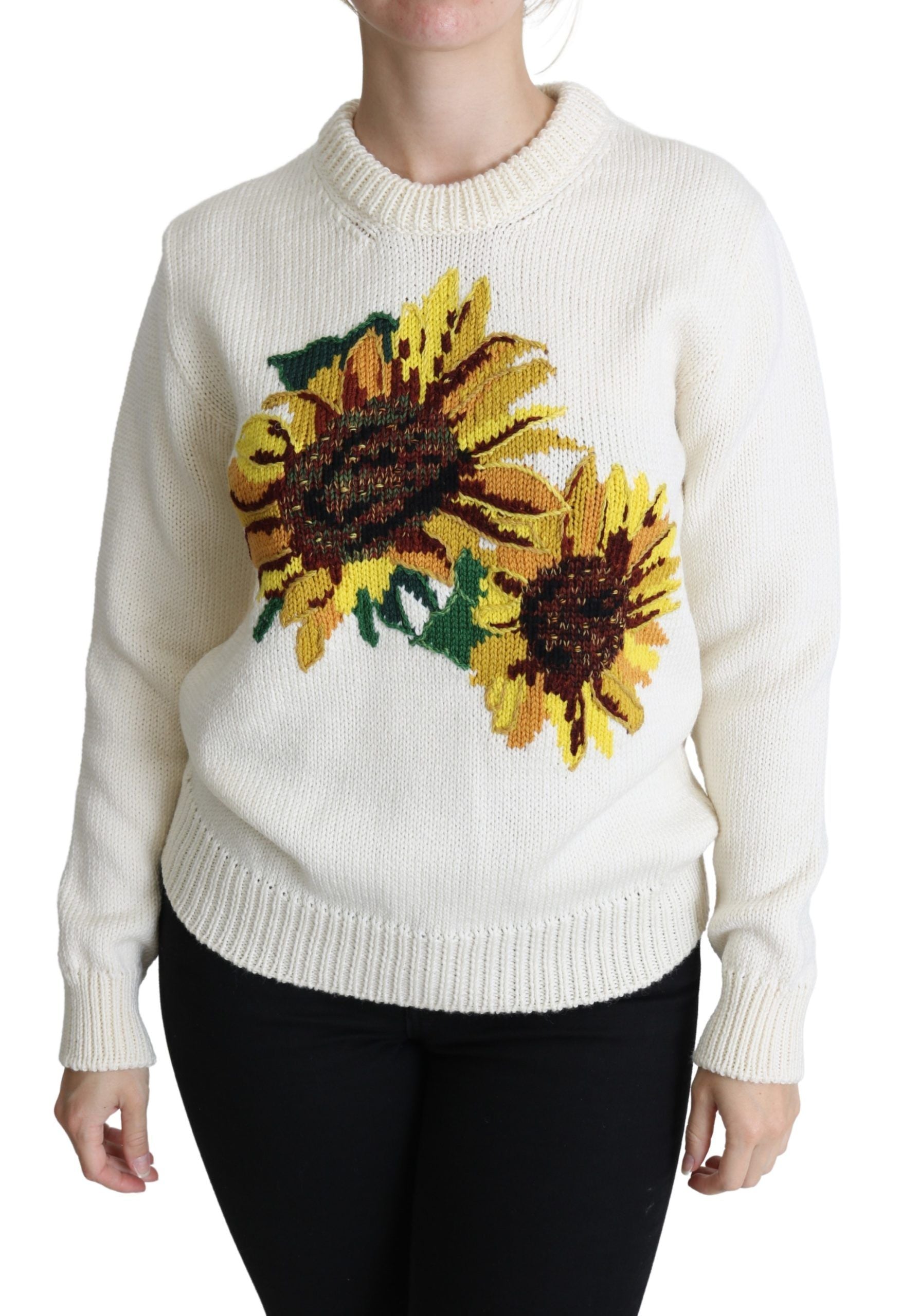 White floral wool pullover featuring sunflower pattern by Dolce & Gabbana, cozy knit sweater with floral and sunflower design.