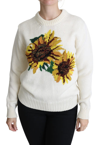 White floral wool pullover featuring sunflower pattern by Dolce & Gabbana, cozy knit sweater with floral and sunflower design.