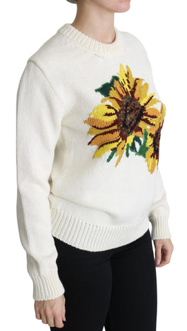 White floral wool pullover sweater by Dolce & Gabbana featuring sunflower patterns and a cozy, stylish design.
