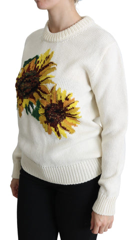 White floral wool sweater with sunflower pattern from Dolce & Gabbana, featuring a cozy knit design