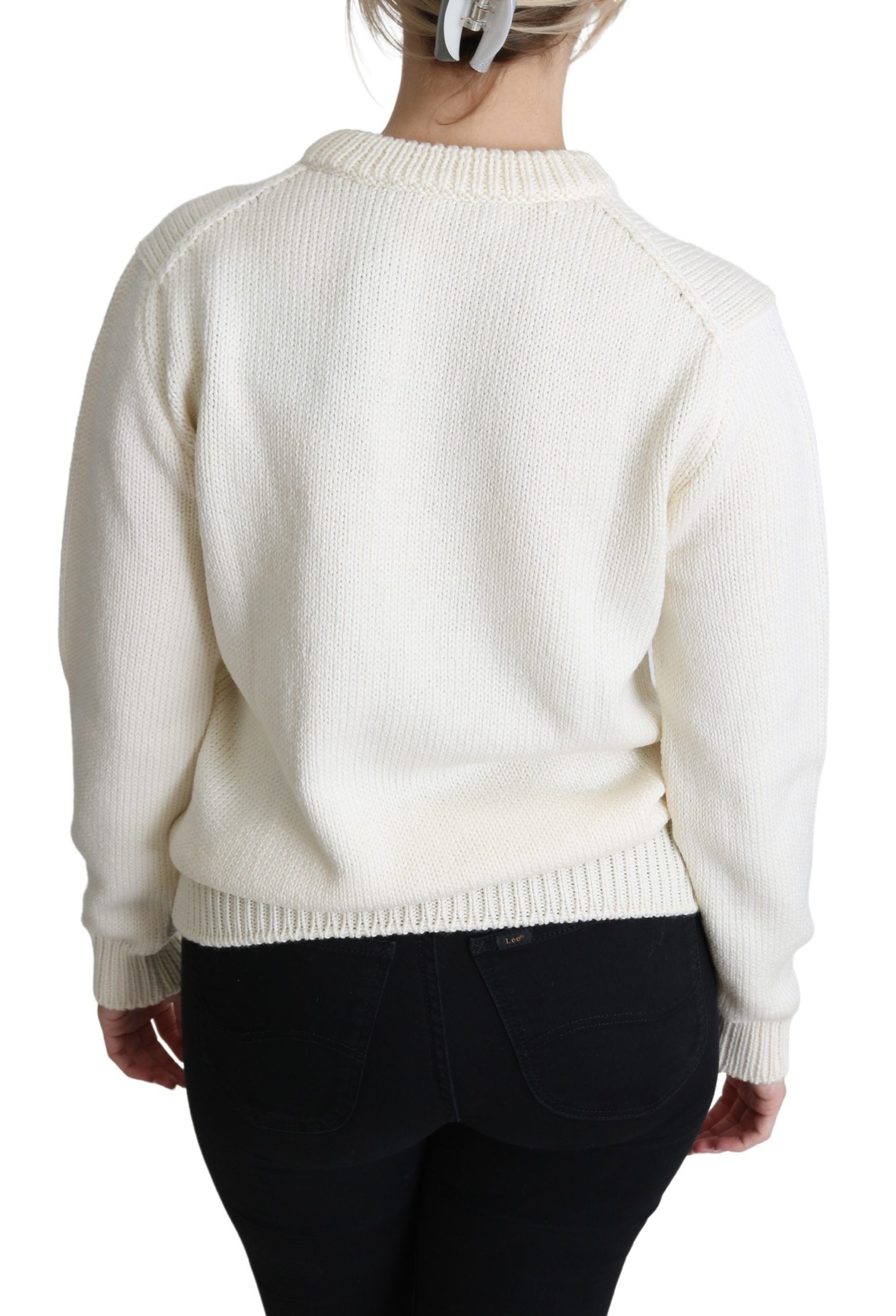 White floral wool pullover sweater with sunflower pattern by Dolce & Gabbana, featuring a cozy knit design.