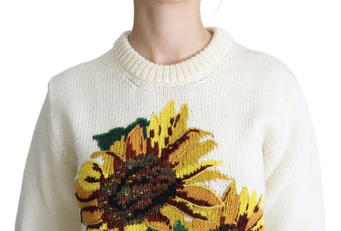 White floral wool pullover sweater with sunflower pattern by Dolce & Gabbana, featuring a cozy knit design and ribbed cuffs.