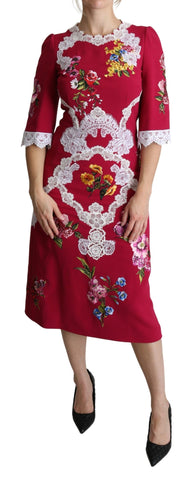 Red floral embroidered sheath midi dress by Dolce & Gabbana, featuring intricate embroidery and a sleek, fitted design.
