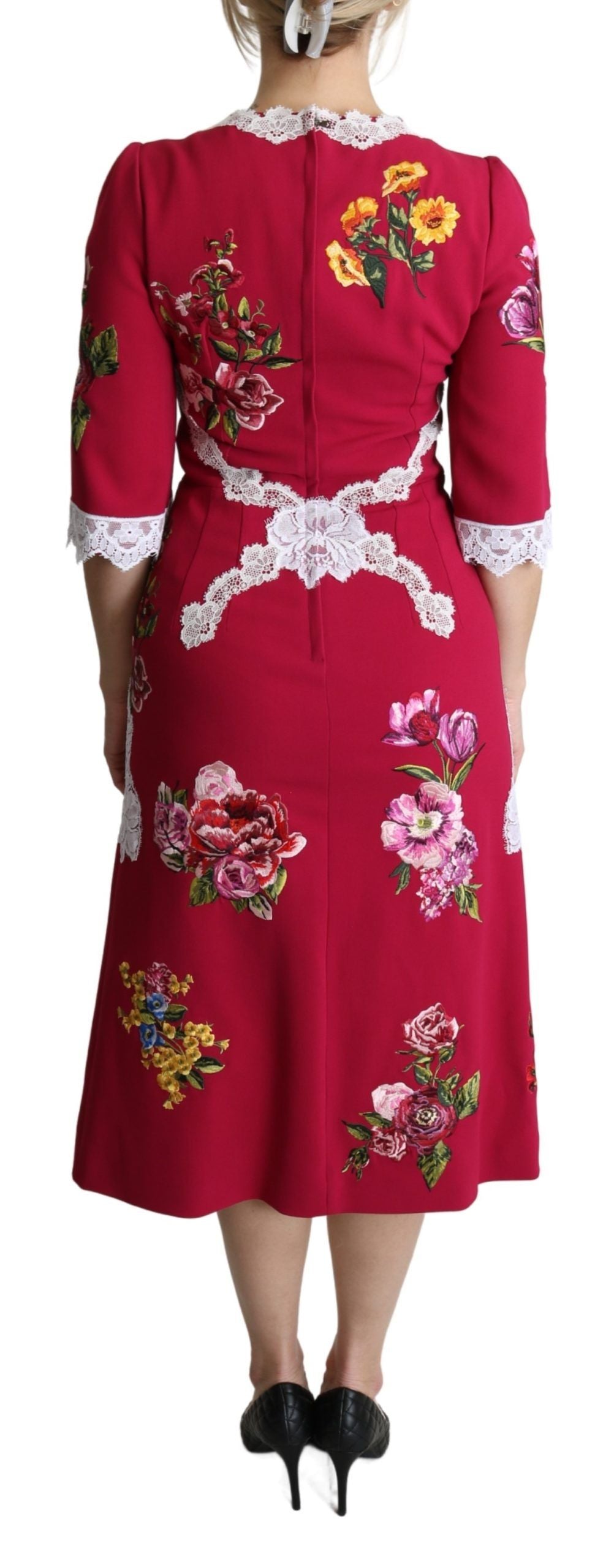 Red floral embroidered sheath midi dress by Dolce & Gabbana, featuring intricate embroidery and elegant fit.