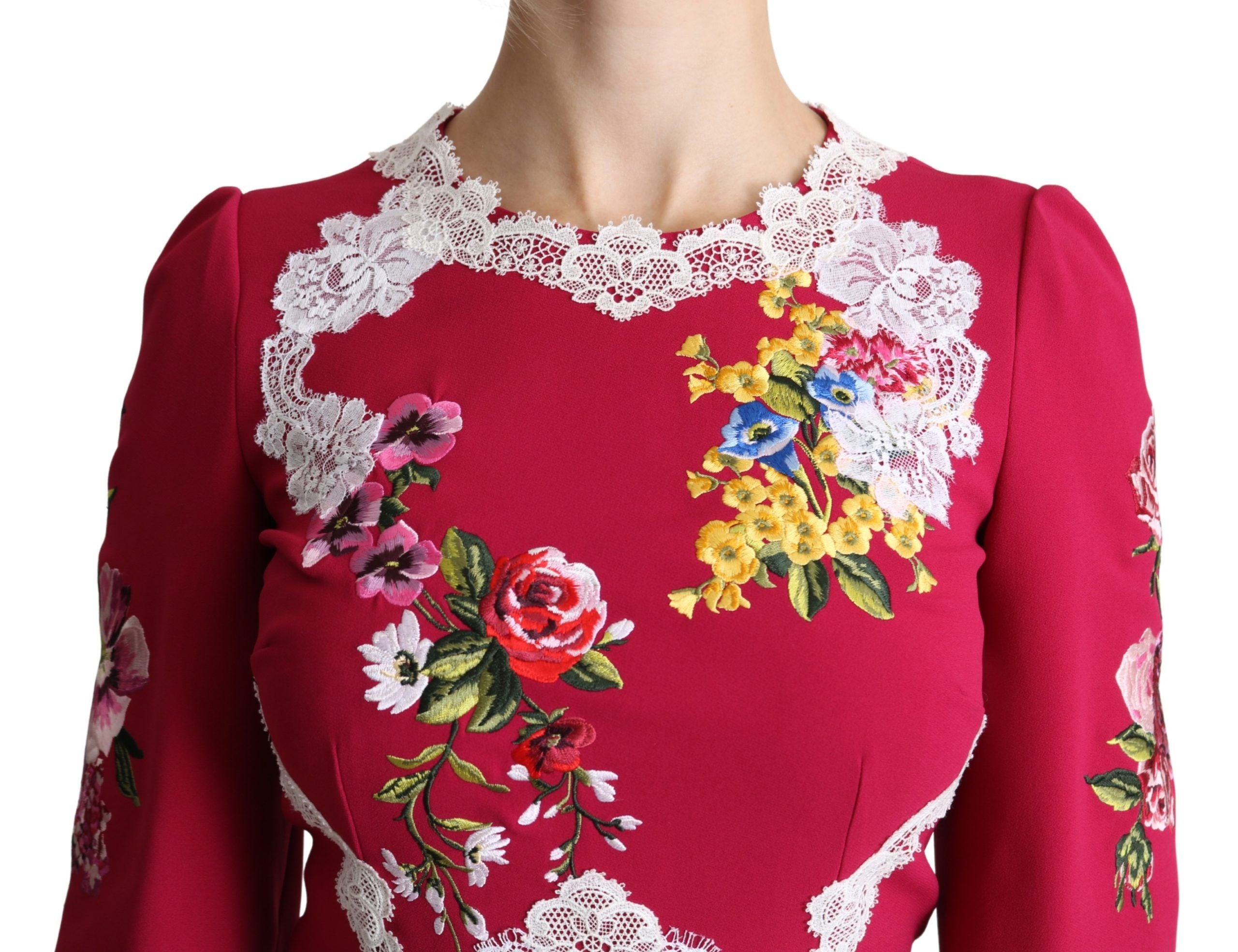 Red floral embroidered sheath midi dress by Dolce & Gabbana, featuring intricate floral embroidery and a fitted silhouette.