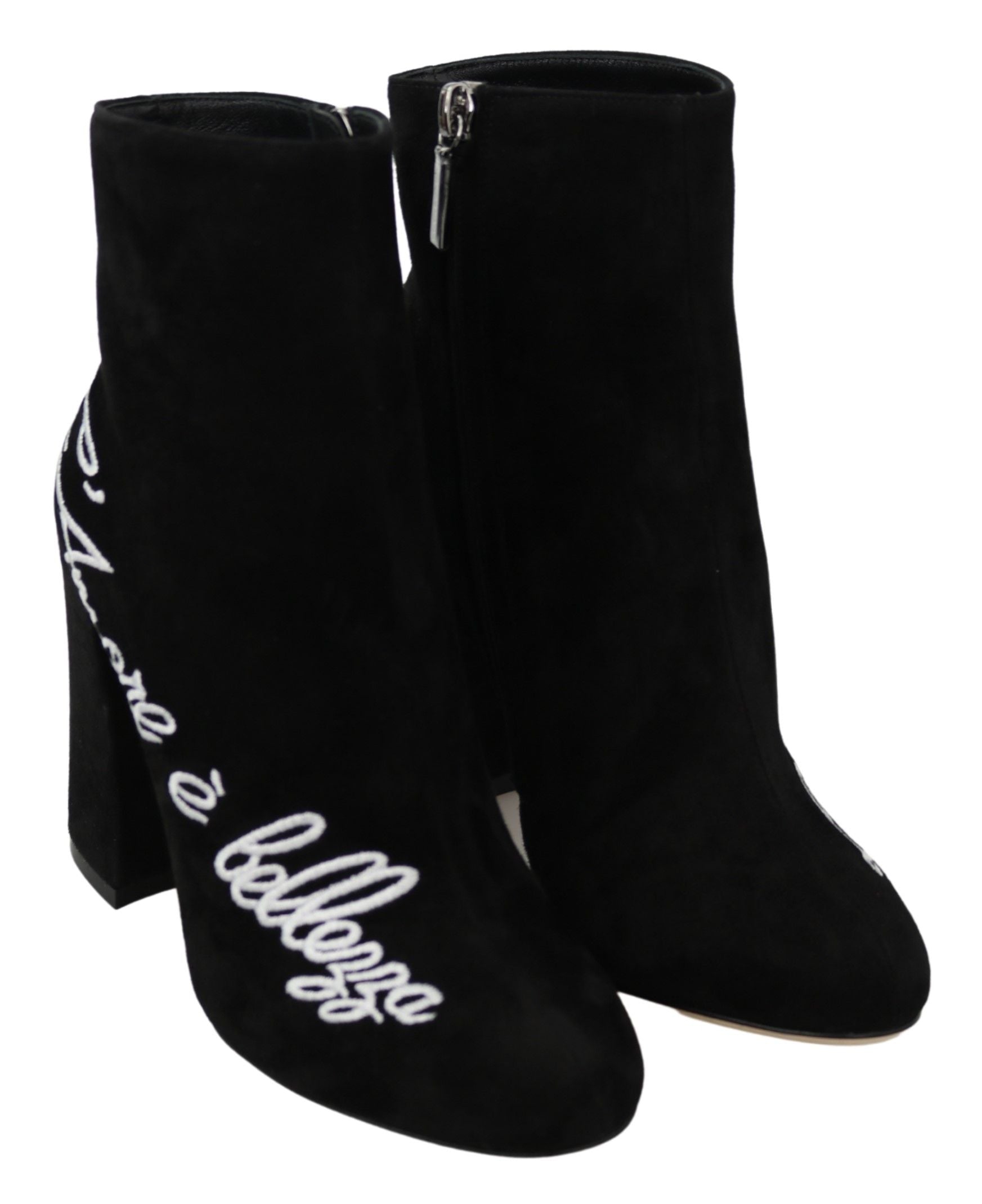 Black suede L'Amore E'Bellezza boots by Dolce & Gabbana with sleek design and pointed toe, stylish footwear for elegant occasions.