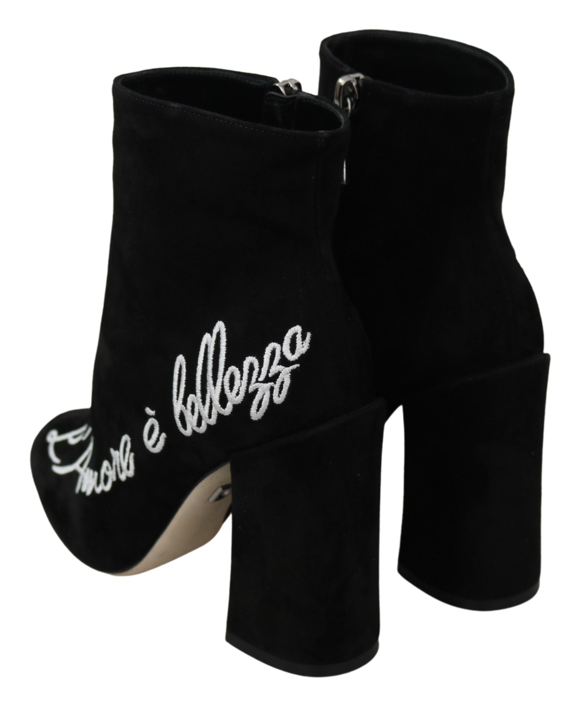 Black suede L'Amore E'Bellezza boots by Dolce & Gabbana, showcasing sleek design and elegant ankle-high style.