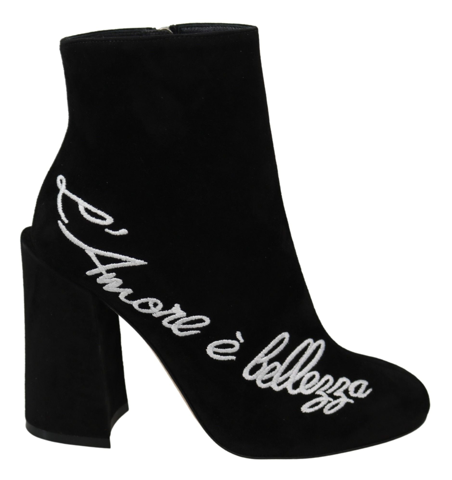 Black suede L'Amore E'Bellezza boots by Dolce & Gabbana, featuring sleek design and elegant ankle-high style.