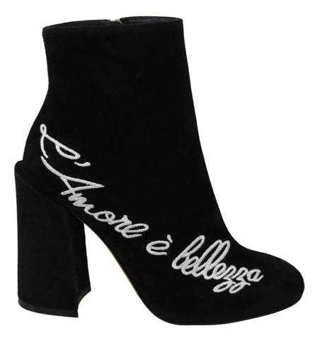 Black suede L'Amore E'Bellezza boots by Dolce & Gabbana, featuring sleek design and elegant ankle-high style.