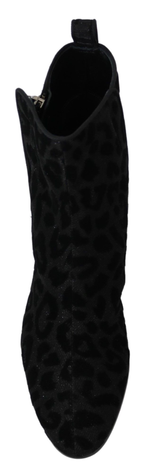 Black leopard print short boots with zipper closure by Dolce & Gabbana, showcasing stylish footwear with animal print design.