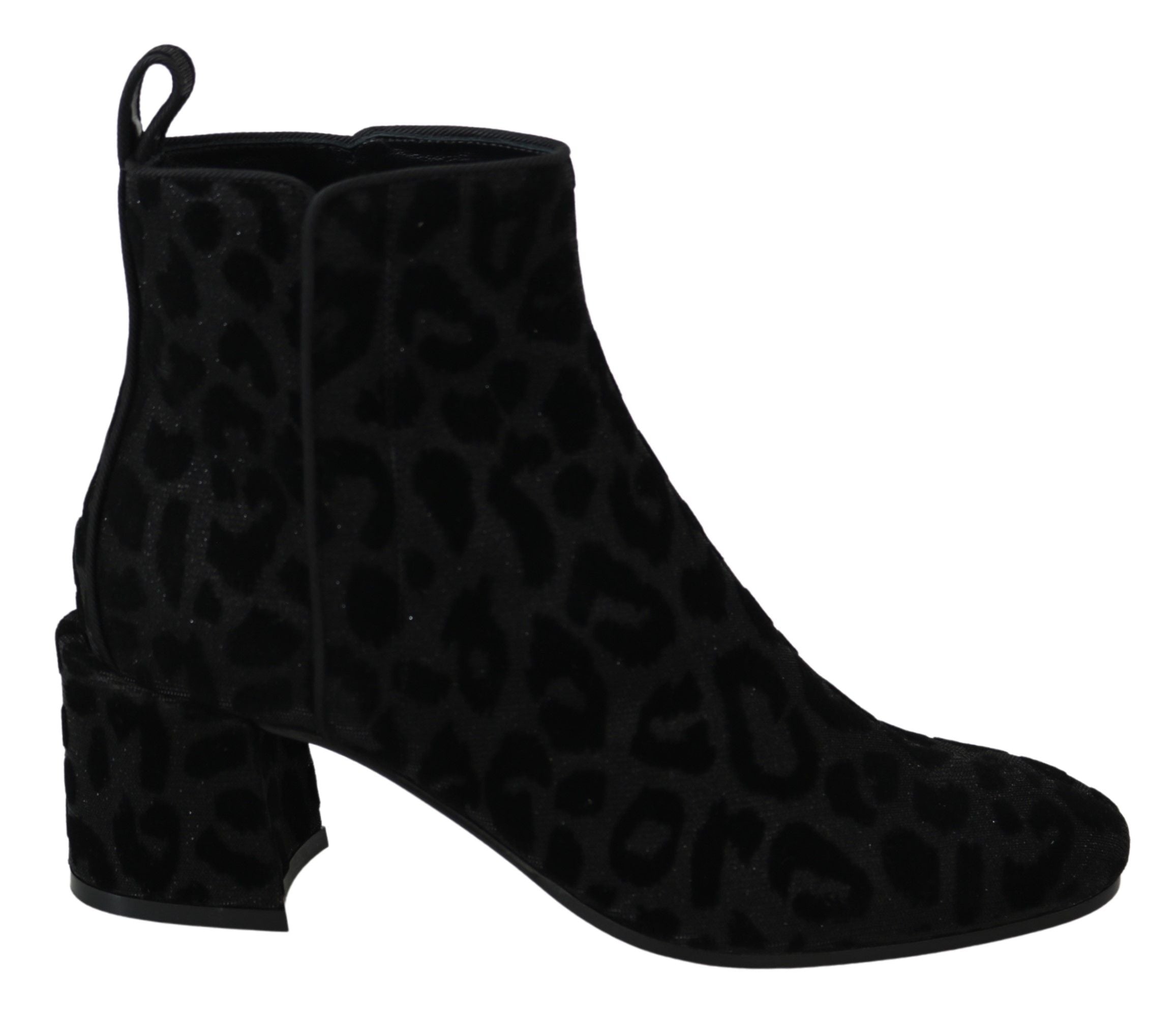 Black leopard print short boots with zipper closure from Dolce & Gabbana, stylish footwear with bold animal pattern.
