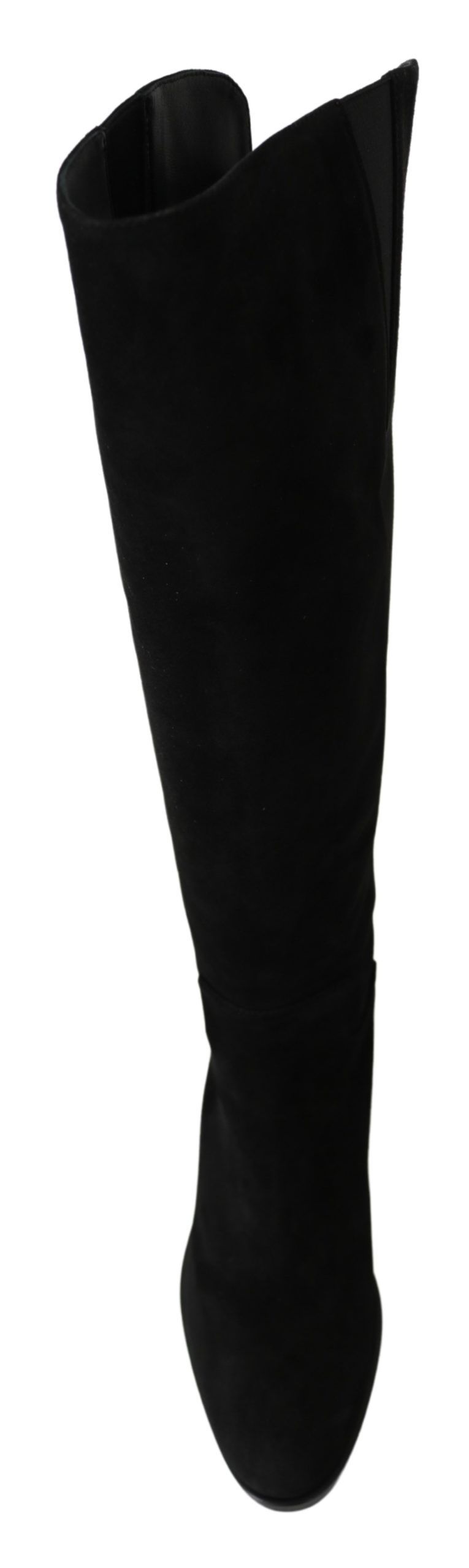 Black suede knee-high flat boots by Dolce & Gabbana, featuring sleek design and smooth texture for elegant style.