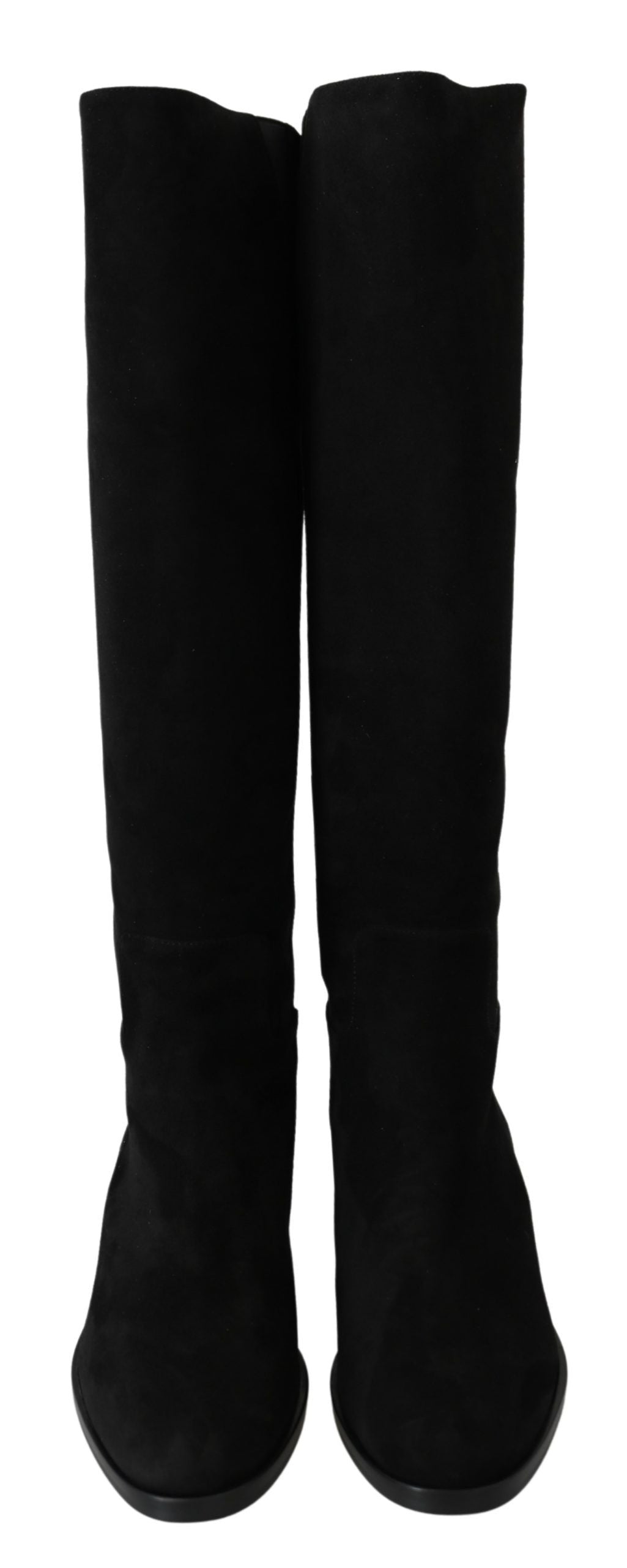 Black suede knee-high flat boots from Dolce & Gabbana with a sleek, smooth finish and classic design.