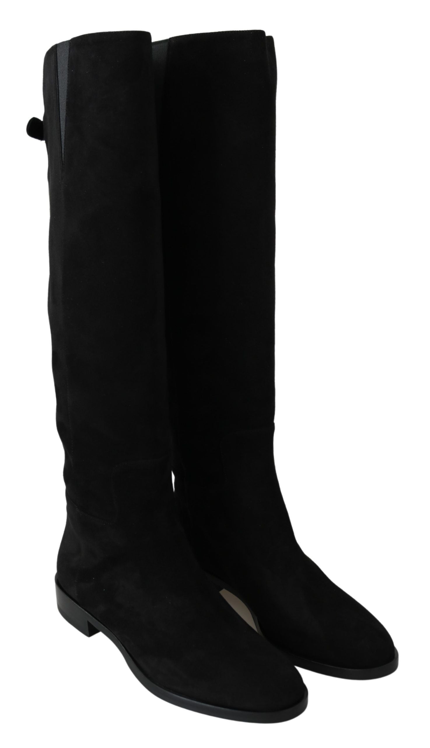 Black suede knee-high flat boots by Dolce & Gabbana, showcasing smooth texture and sleek design on a stylish footwear image.