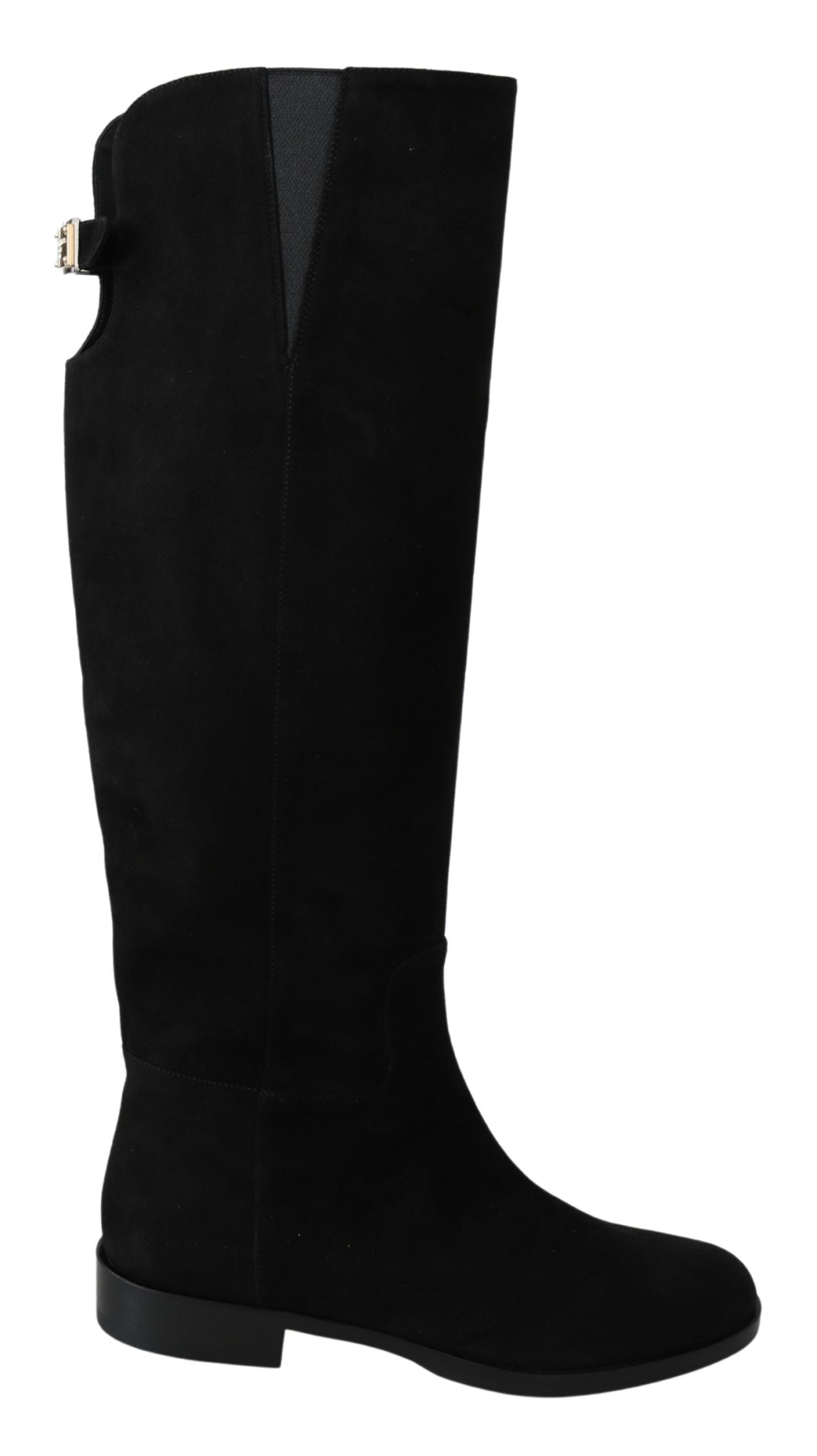 Black suede knee-high flat boots by Dolce & Gabbana, showing smooth suede texture and sleek knee-length design.