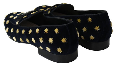 Blue velvet crown loafers by Dolce & Gabbana featuring a regal design and comfortable slip-on style.