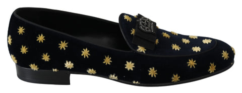 Blue velvet crown slippers loafers by Dolce & Gabbana, featuring a luxurious velvet finish and elegant crown embellishment.