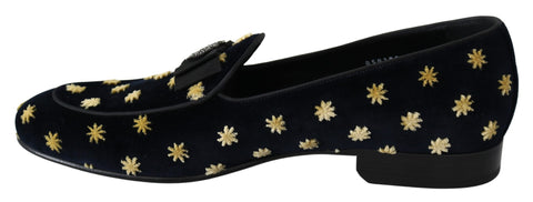 Blue velvet crown slippers loafers by Dolce & Gabbana, showcasing luxurious velvet material and ornate crown design.