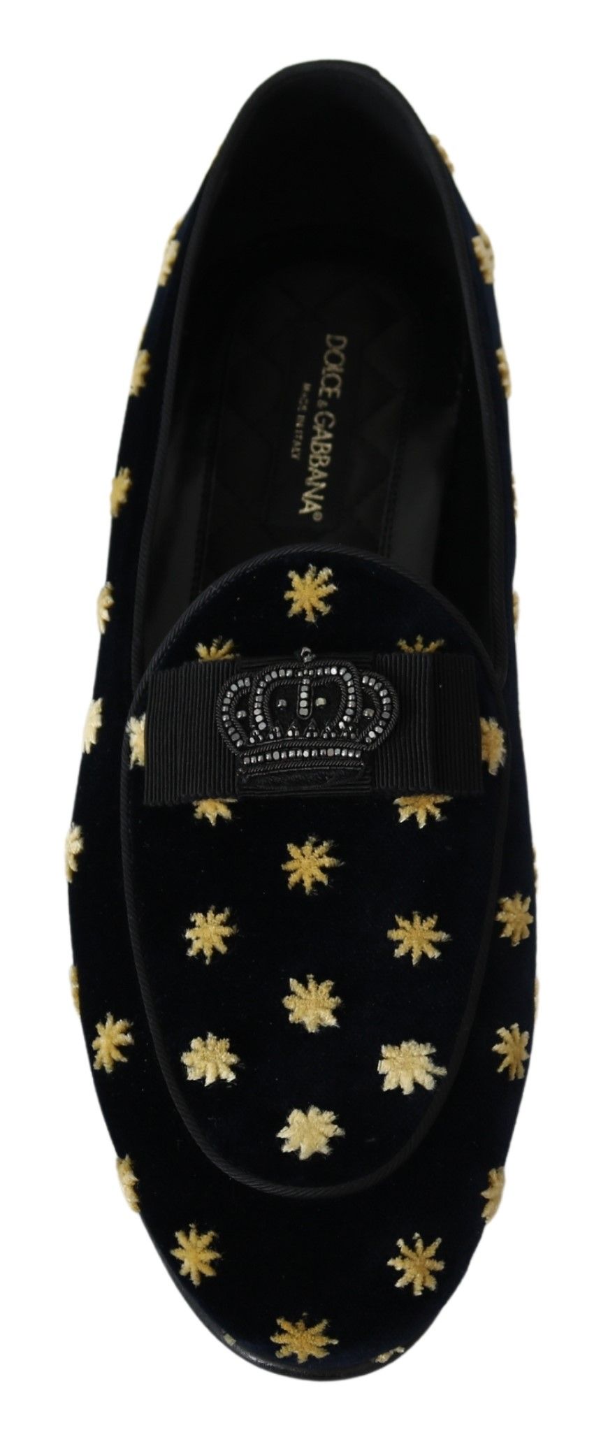 Blue velvet crown slippers by Dolce & Gabbana featuring a luxurious design and comfortable loafer style.