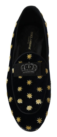 Blue velvet crown slippers by Dolce & Gabbana featuring a luxurious design and comfortable loafer style.