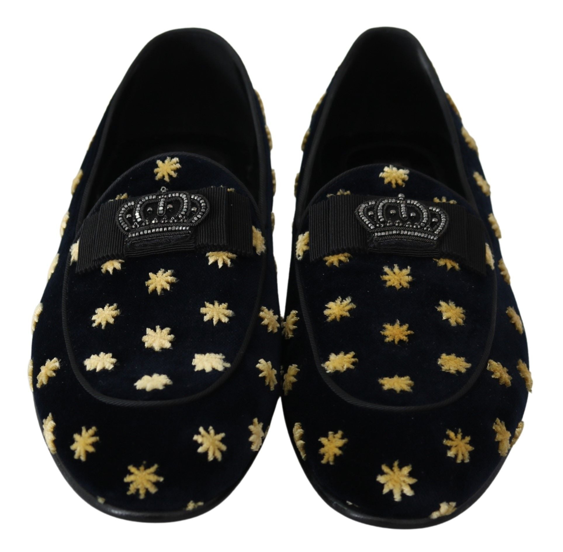 Blue velvet crown slippers by Dolce & Gabbana featuring a luxurious design and comfortable loafer style.