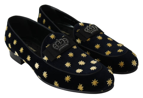 Blue velvet crown slippers loafers by Dolce & Gabbana, featuring a plush velvet finish and ornate crown detail for luxury style.