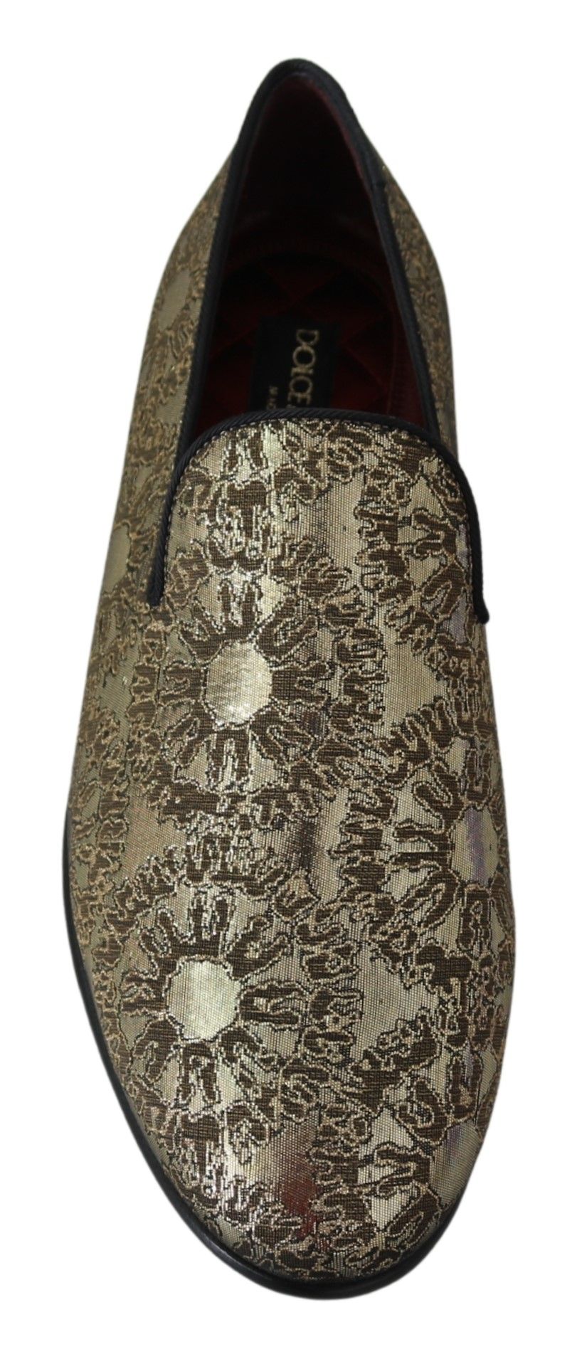 Gold Jacquard Flats mens loafers shoes by Dolce & Gabbana with intricate woven pattern and sleek design.