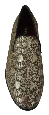 Gold Jacquard Flats mens loafers shoes by Dolce & Gabbana with intricate woven pattern and sleek design.