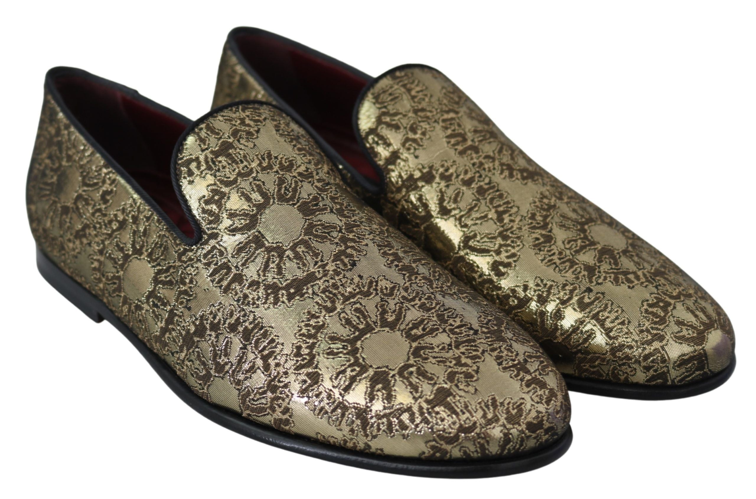 Gold Jacquard flats men's loafers shoes by Dolce & Gabbana, featuring intricate woven pattern and sleek design.