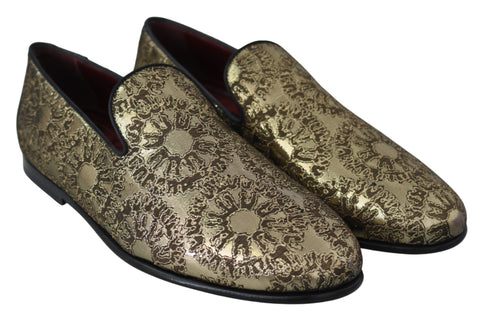 Gold Jacquard flats men's loafers shoes by Dolce & Gabbana, featuring intricate woven pattern and sleek design.