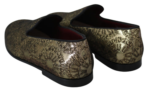 Gold jacquard Dolce & Gabbana men's loafers shoes with slip-on design and stylish detailing.