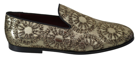 Gold Jacquard men's loafers by Dolce & Gabbana featuring intricate woven fabric and classic slip-on style.