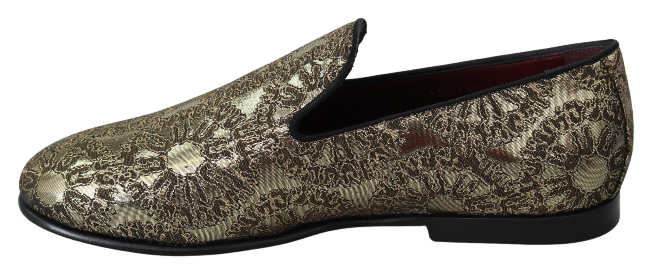 Gold Jacquard flats men's loafers by Dolce & Gabbana, featuring intricate woven fabric and classic slip-on style.