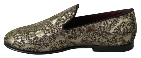 Gold Jacquard flats men's loafers by Dolce & Gabbana, featuring intricate woven fabric and classic slip-on style.