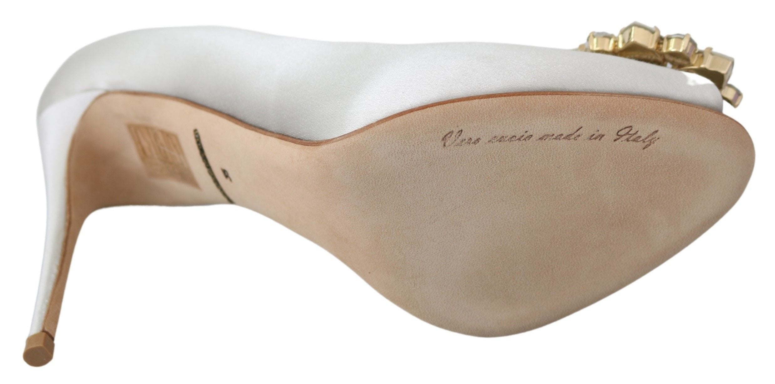 White satin peep toe heels by Dolce & Gabbana with crystal embellishments, featuring a stylish and elegant pump design.